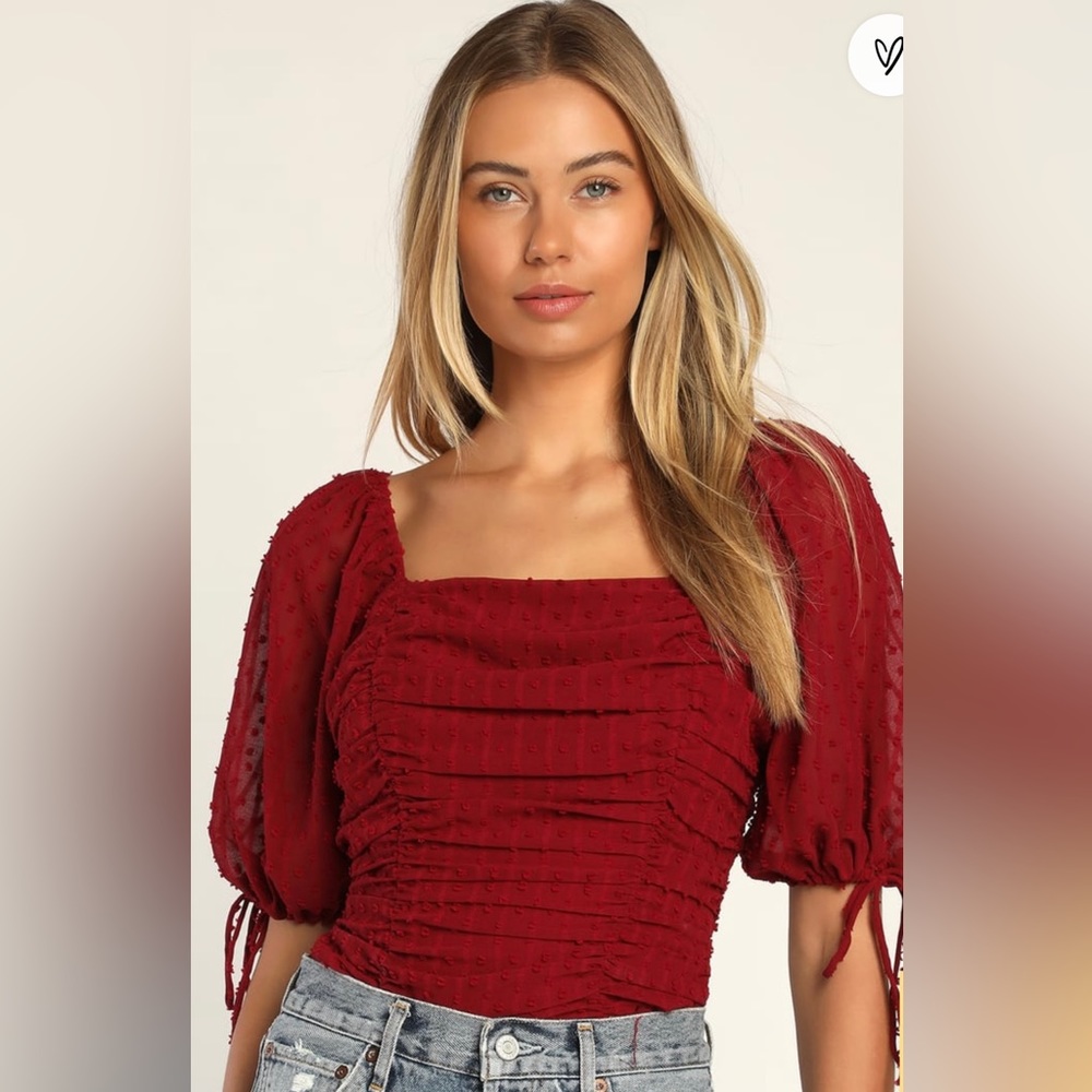 Size M Lulus Think of Me Wine Red Swiss Dot Ruched Bodysuit